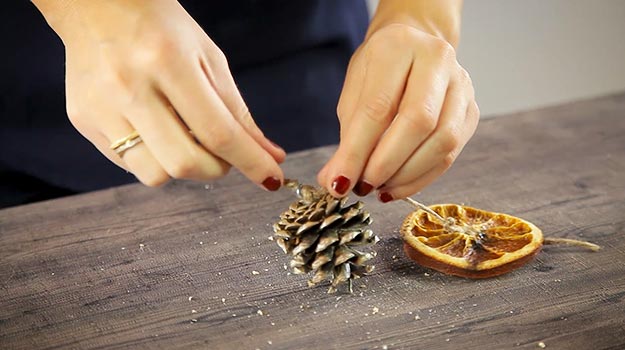 Pass the rope through the eye screw and tie a knot to keep the pine cone in place.